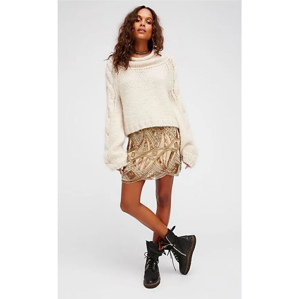 Free People Daydreaming Embellished Mini Beaded Skirt Antique Gold Sz 0